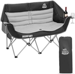 DEERFAMY Double Camping Chair Portable Folding Outdoor Loveseat with Cup & Wine Glass Holder for Outdoor/Beach/Patio-Supports up to 530 LBS（Grey）