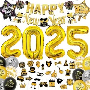 49pcs New Years Eve Party Decorations 2025, New Years Eve Party Supplies with Gold 2025 Foil Balloons, Happy New Year Banner, Black and Gold Balloons Party Decorations