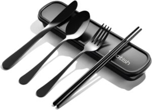 Travel Utensils with Case, Quatish Portable Silverware Set for Work, Stainless Steel Reusable Travel Cutlery Set, Fork and Spoon Set for Picnic, Camping, Gadgets, Lunch Box for Men, Black