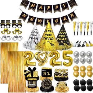 New Years Eve Party Supplies 2025 for 12, New Years Eve Party Decorations, 6 Hat, 6 Glasses, 12 blowouts, 6 Table Centerpiece, 2 Foil Fringe Curtains, 18 Balloons