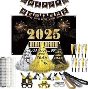 New Years Eve Party Supplies 2025 - Happy New Year Party Supplies Kit for 50 Guests, Including Hats, Glasses, Les, Beads, Squakers, a Backdrop and a Banner, Great New Yeras...