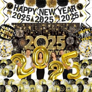 New Years Eve Party Supplies 2025 New Years Decorations Happy New Year 2025 Banner with New Years Backdrop, Balloons, Paper Flowers, Hanging Decorations for New Years Eve...