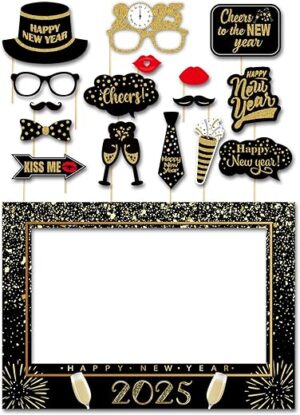 SWYOUN Glitter Happy New Year's Eve 2025 Party Photo Booth Props Supplies with Photo Frame(Pack of 17)