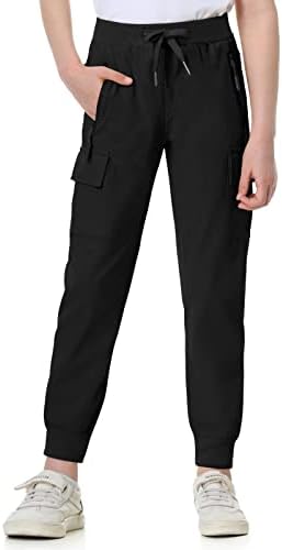 EXARUS Youth Girls Cargo Pants Joggers Slim Fit with Zip Pockets Kids Quick Dry Lightweight Drawstring High Waist 8-14Y