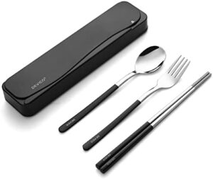 DEVICO Travel Utensils, 18/8 Stainless Steel 4pcs Cutlery Set Portable Camp Reusable Flatware Silverware, Include Fork Spoon Chopsticks with Case (Black)