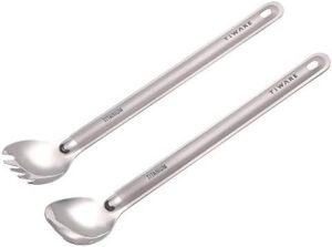 Lot of 2 Titanium Long Handle Spoon & Spork (2 in 1 spoon & fork) Outdoor Ultralight Portable Stirring/Mixing Cookware Polished bowl Flatware for Kitchen Camping Hiking Traveling w. Storage bag