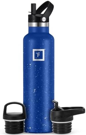 IRON °FLASK Camping & Hiking Hydration Canteens - 3 Lids (Narrow Straw Lid) Leak Proof Vacuum Insulated Stainless Steel - Hot & Cold Double Walled Sports Water Bottle - Cobalt Blue Speckle, 24 Oz