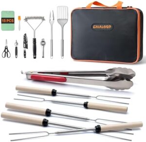 Camping Utensil Set Cooking Grilling Utensils Rotating Marshmallow Roasting Sticks BBQ Forks, Portable RV Camping Essentials Accessories for Cookouts Open Fire Pit