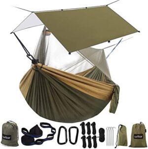 Sunyear Hammock Camping with Rain Fly Tarp and Net, Portable Camping Hammock Double Tree Hammock Outdoor Indoor Backpacking Travel & Survival, 2 Tree Straps,100% Waterproof