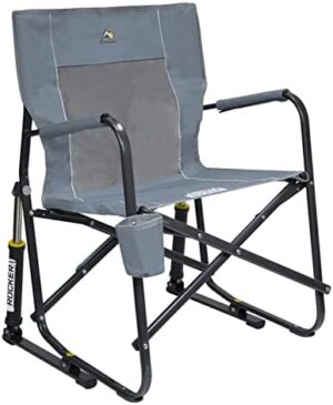 GCI Outdoor Freestyle Rocker Camping Chair | Portable Folding Rocking Chair with Solid, Durable Armrests, Drink Holder & Comfortable Backrest — Grey