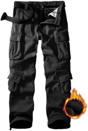 Men's Fleece Lined Hiking Pants, Winter Camo Cargo Pants Army Casual Work Ski Pants for Men with 8 Pockets No Belt