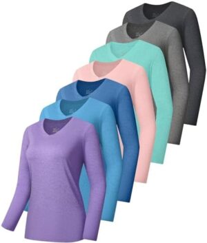 7 Pack Long Sleeve Workout Tops for Women Spring Fall V Neck Tops Running Athletic Shirts Active Quick Dry T Shirts Tees