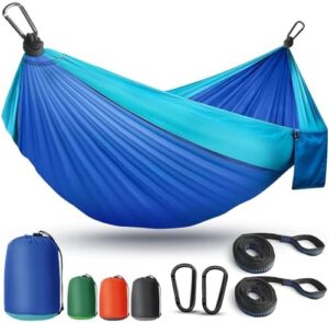 Camping Hammock Lightweight, Portable Hammocks Parachute Hammock with Two Tree Straps, Single or Double Travel Swing Nylon Camp Hammocks, Outdoor Essentials for Beach Backpacking Hiking, Blue